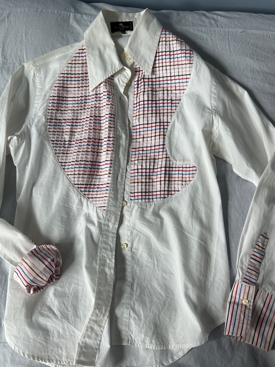 Etro Tops - Etro White Dress Shirt with Multicolor Stripe Bib and Cuffs